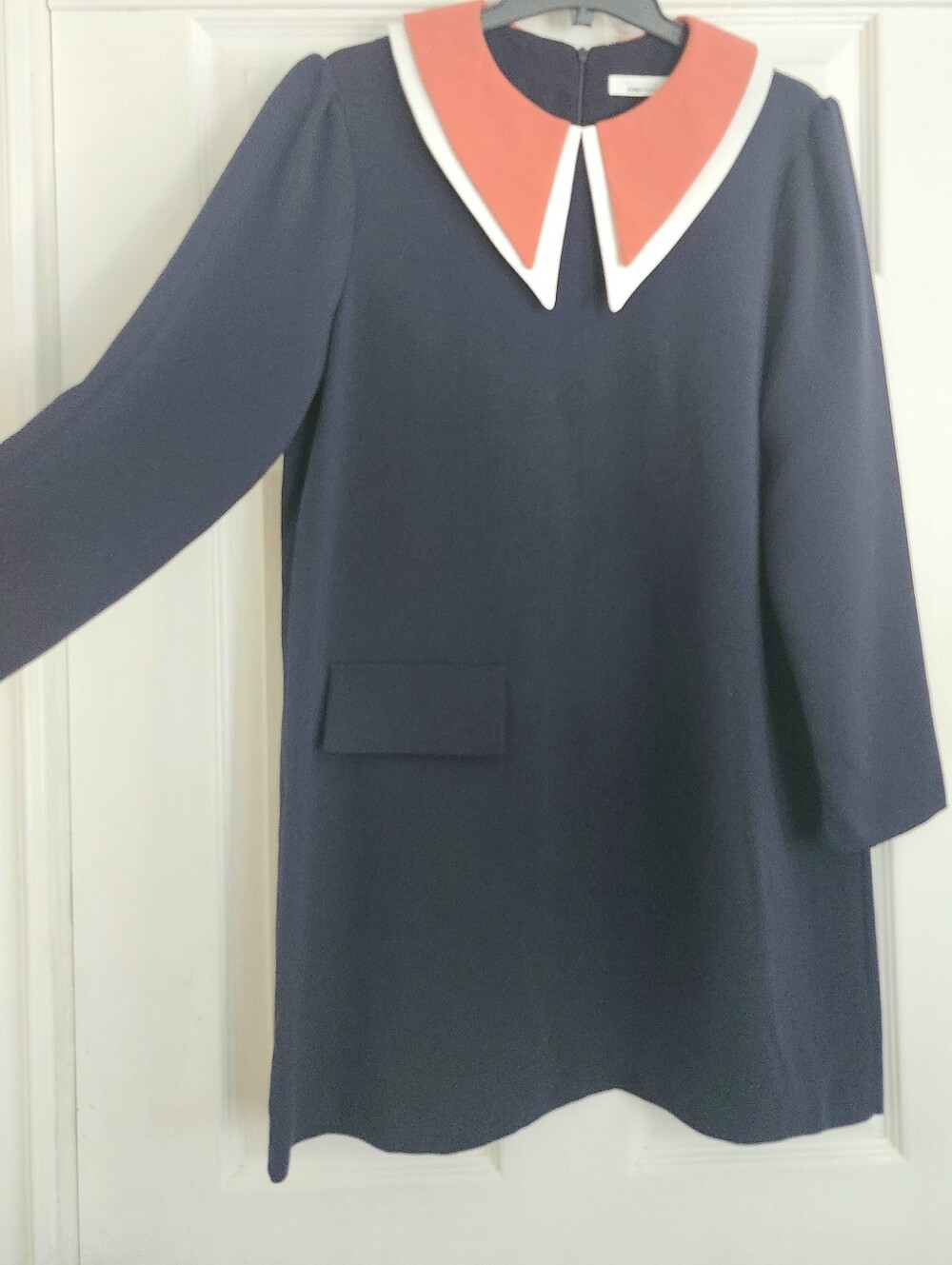 Women's Navy Blue Long Sleeve Dress With Double Collar In White And Tangerine